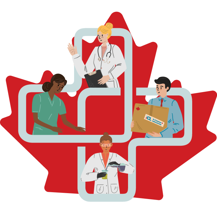 Health care workers surrounding a Canadian flag